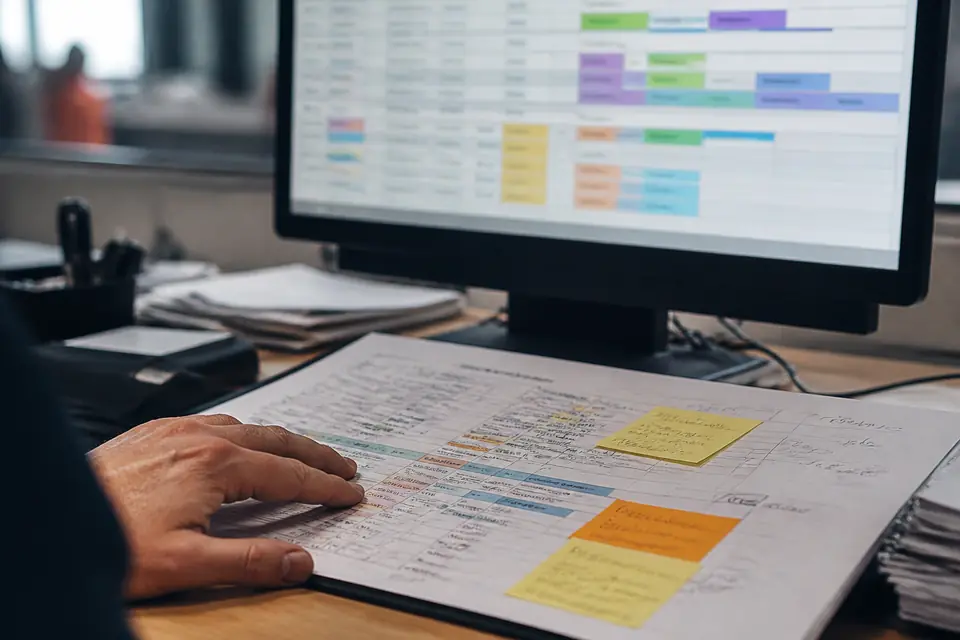 Bildschirm mit Software-Workflow und daneben ein handschriftlich kommentierter Papierausdruck