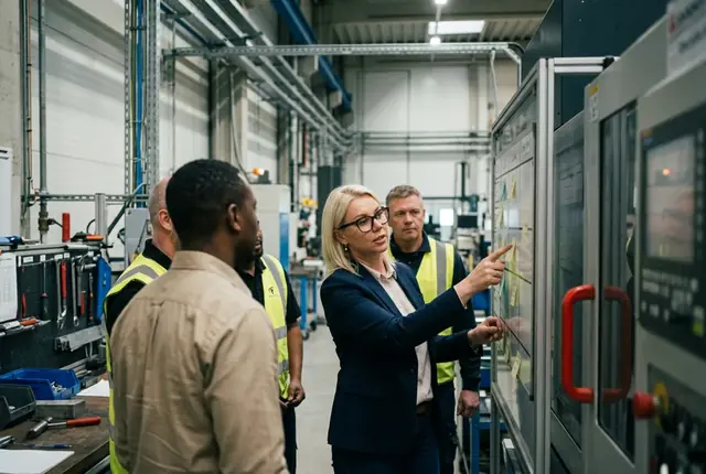 Lucyna Gorges bespricht einen Prozess mit einem Produktionsteam direkt an einer Maschine