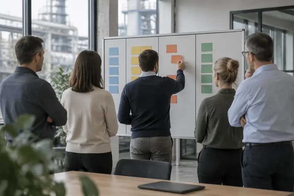 Büroteam arbeitet an einem physischen Kanban-Board