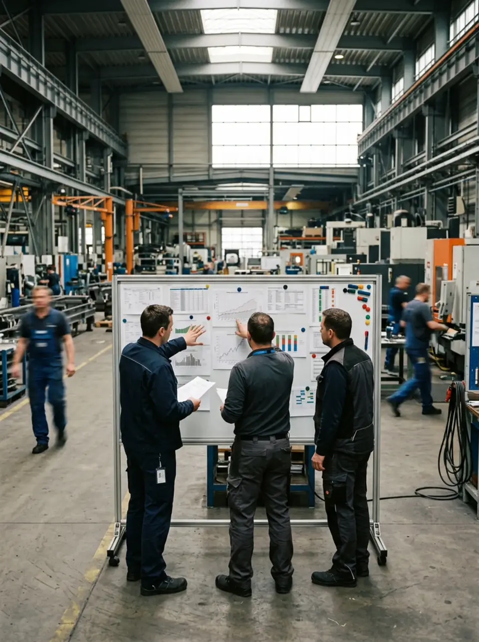 Team bespricht Kennzahlen an einem Shopfloor-Board in einer grossen Produktionshalle