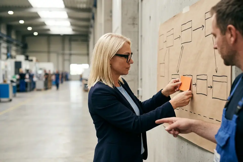 Wertstromanalyse im Workshop: Hände ordnen Karten an einer Wertstromwand